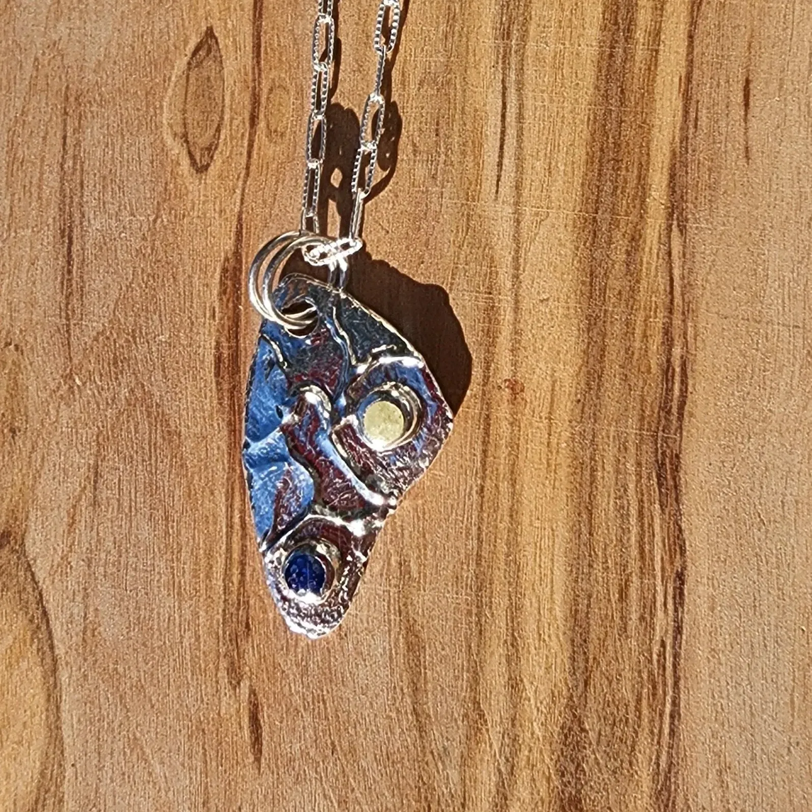 999 Pure Silver Triangle Pendant Necklace – Textured Design with Yellow & Blue Rhinestone, Heart Clasp