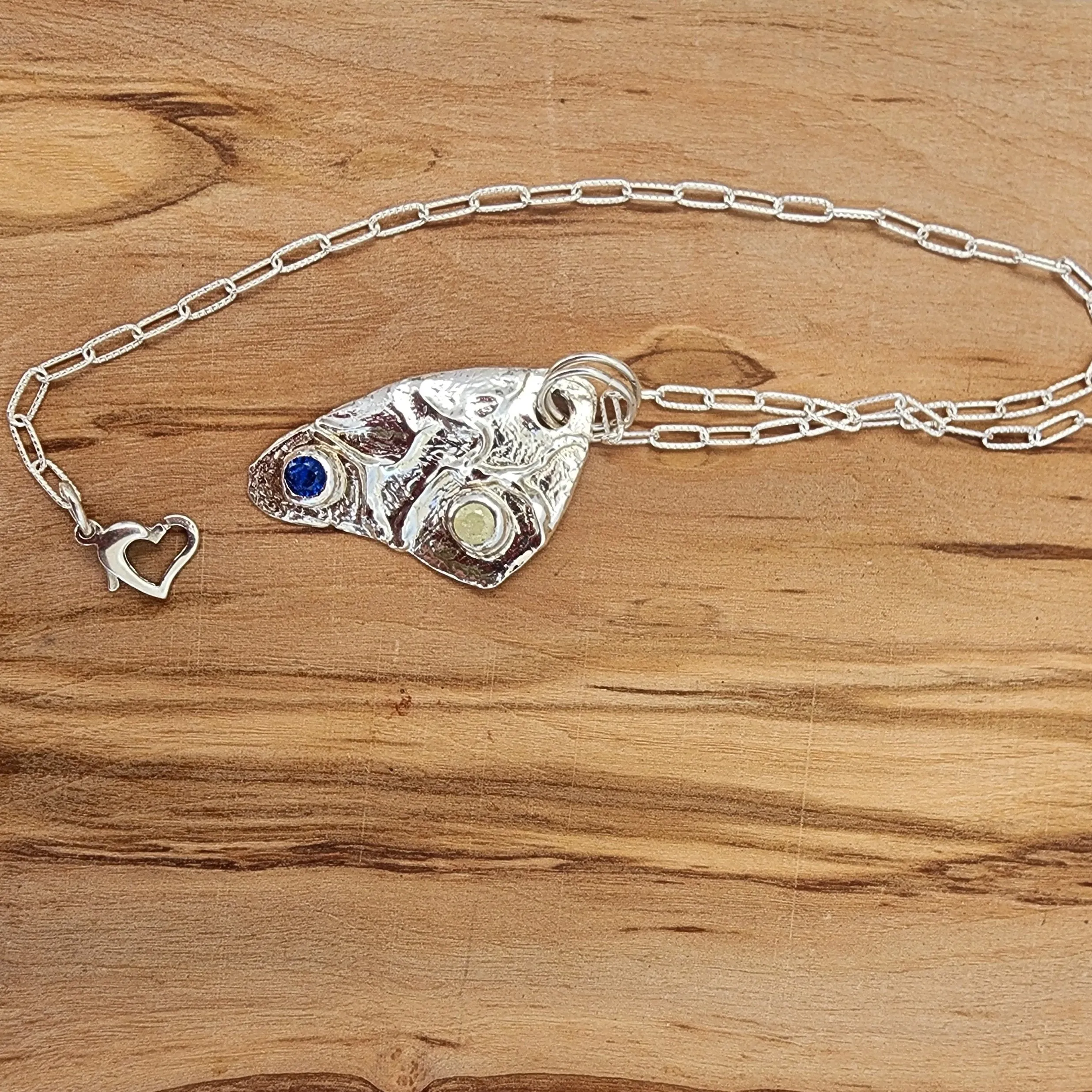 999 Pure Silver Triangle Pendant Necklace – Textured Design with Yellow & Blue Rhinestone, Heart Clasp