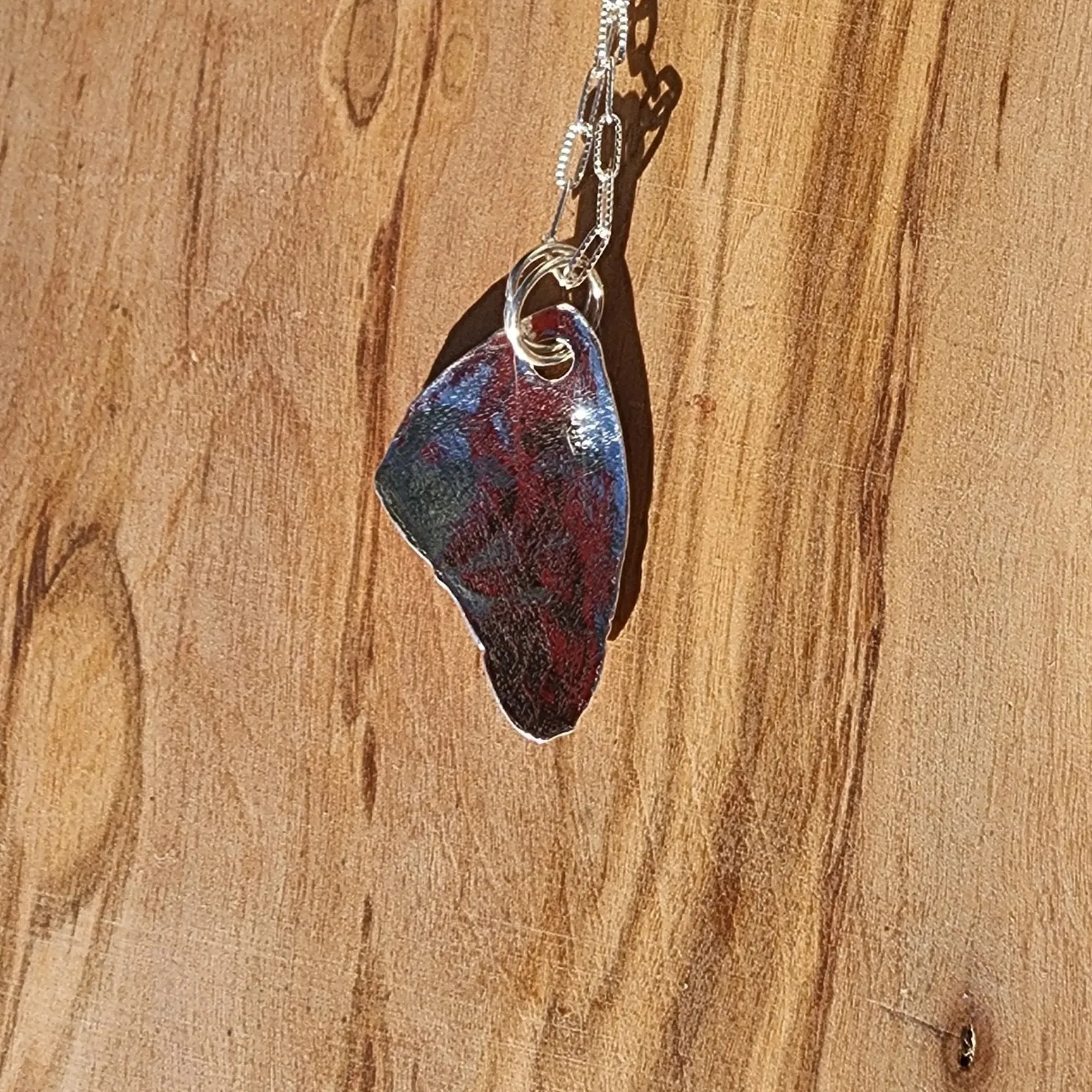 999 Pure Silver Triangle Pendant Necklace – Textured Design with Yellow & Blue Rhinestone, Heart Clasp