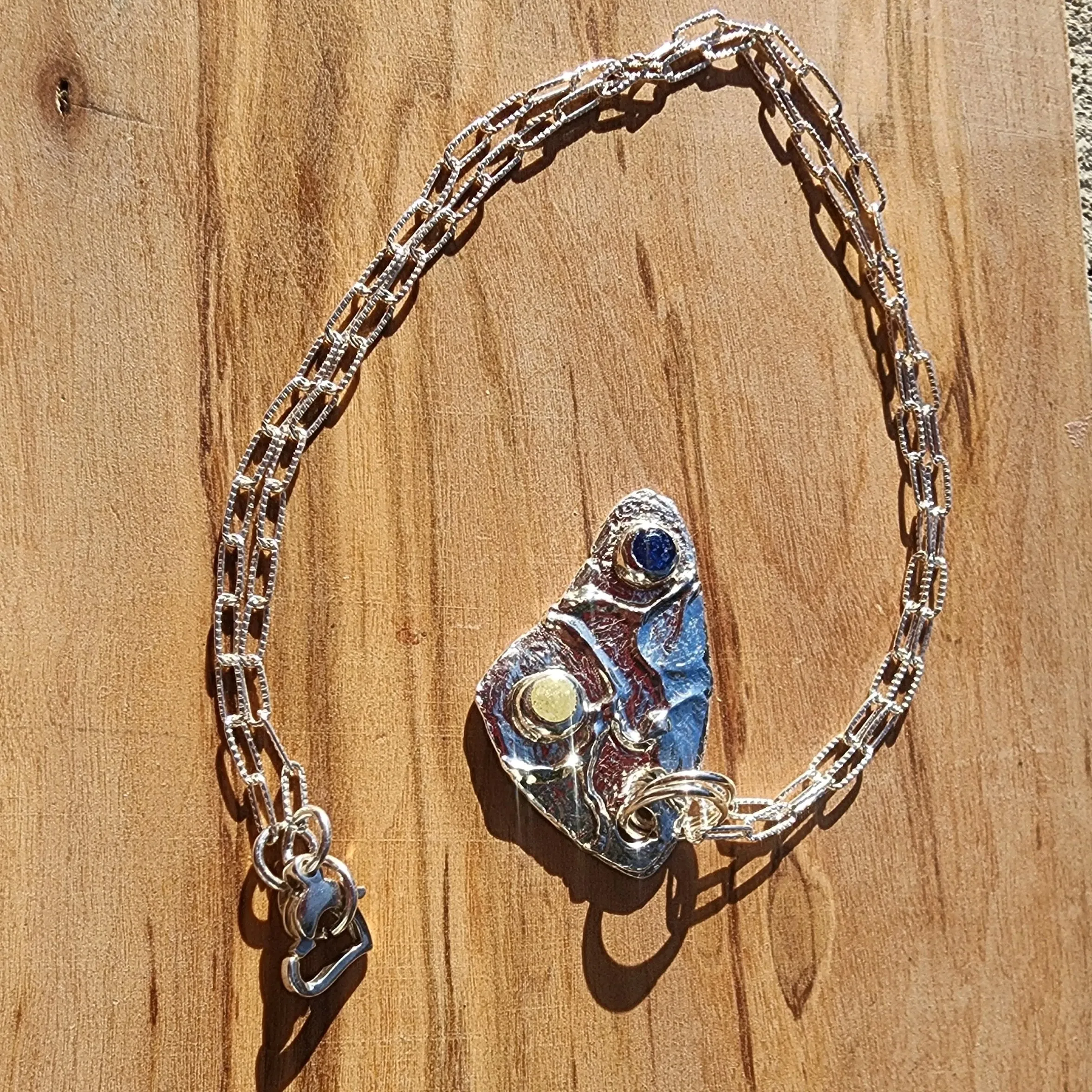 999 Pure Silver Triangle Pendant Necklace – Textured Design with Yellow & Blue Rhinestone, Heart Clasp