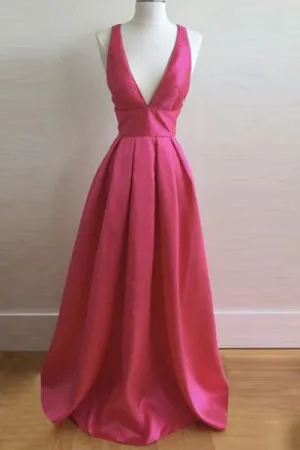 A-line Deep V-neck Criss-Cross Straps Floor Length Rose Pink Prom Dress with Pleats LPD027