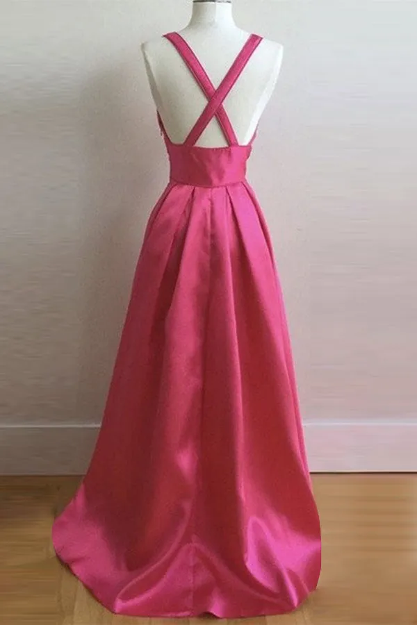 A-line Deep V-neck Criss-Cross Straps Floor Length Rose Pink Prom Dress with Pleats LPD027