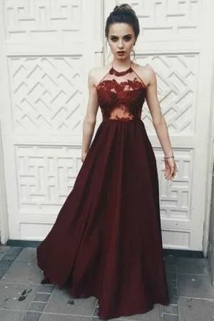 A-Line Halter Backless Floor-Length Burgundy Prom Dress with Appliques OHC059