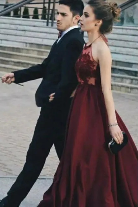A-Line Halter Backless Floor-Length Burgundy Prom Dress with Appliques OHC059