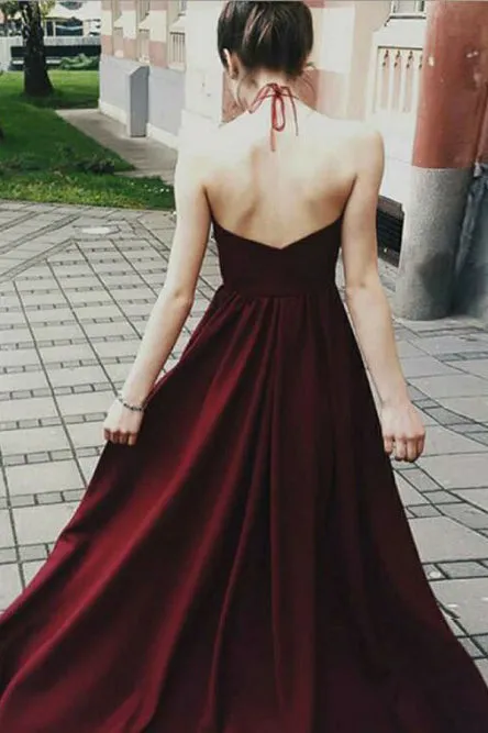 A-Line Halter Backless Floor-Length Burgundy Prom Dress with Appliques OHC059