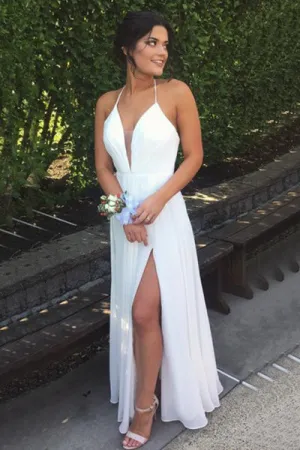 A-line Halter Floor Length Split White Backless Prom Dress with Pleats P78