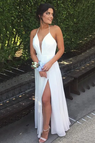 A-line Halter Floor Length Split White Backless Prom Dress with Pleats P78