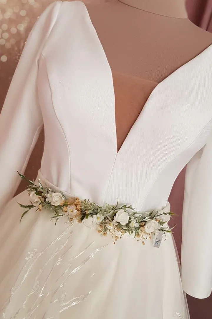 A Line Long Sleeve V Neck Satin Wedding Dresses Simple Wedding Gown Bridal Gown OHD191