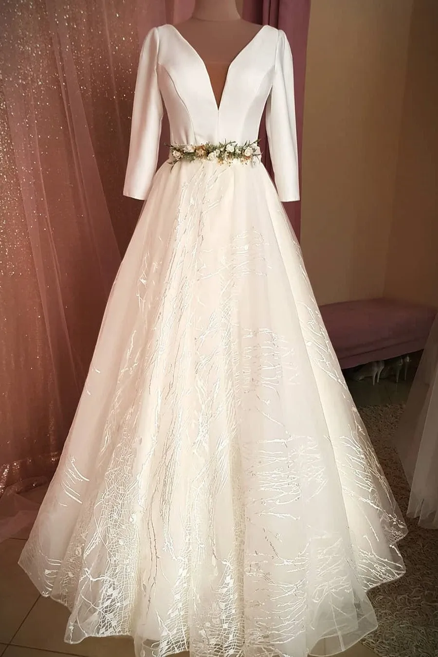 A Line Long Sleeve V Neck Satin Wedding Dresses Simple Wedding Gown Bridal Gown OHD191