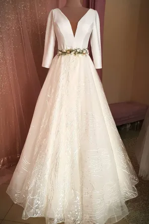 A Line Long Sleeve V Neck Satin Wedding Dresses Simple Wedding Gown Bridal Gown OHD191