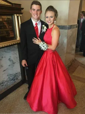 A Line Red Halter Satin Simple Prom Dresses Evening Dresses