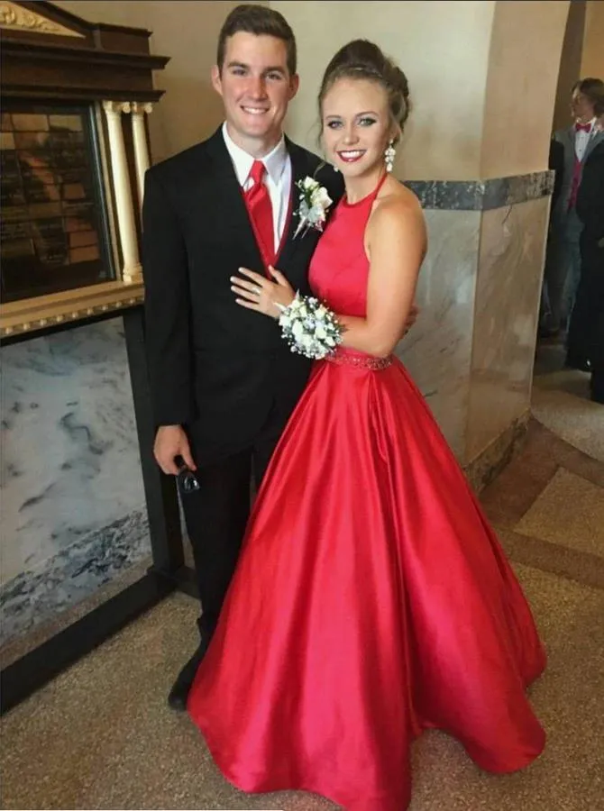 A Line Red Halter Satin Simple Prom Dresses Evening Dresses