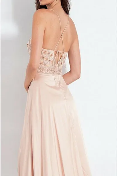 A-Line Spaghetti Straps Long Peach Prom Dress with Beading Split D001