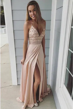 A-Line Spaghetti Straps Long Peach Prom Dress with Beading Split D001