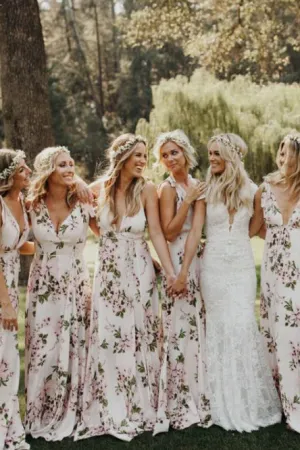 A-Line V-Neck Floor-Length Pink Floral Chiffon Bridesmaid Dress OHS010