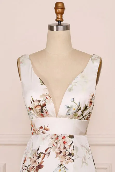 A-Line V-Neck Floor-Length Pink Floral Chiffon Bridesmaid Dress OHS010