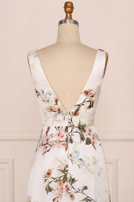 A-Line V-Neck Floor-Length Pink Floral Chiffon Bridesmaid Dress OHS010