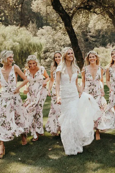 A-Line V-Neck Floor-Length Pink Floral Chiffon Bridesmaid Dress OHS010