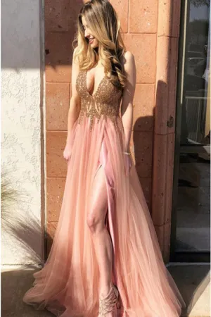 A-Line V-Neck Sweep Train Coral Prom Dress with Beading Split D004