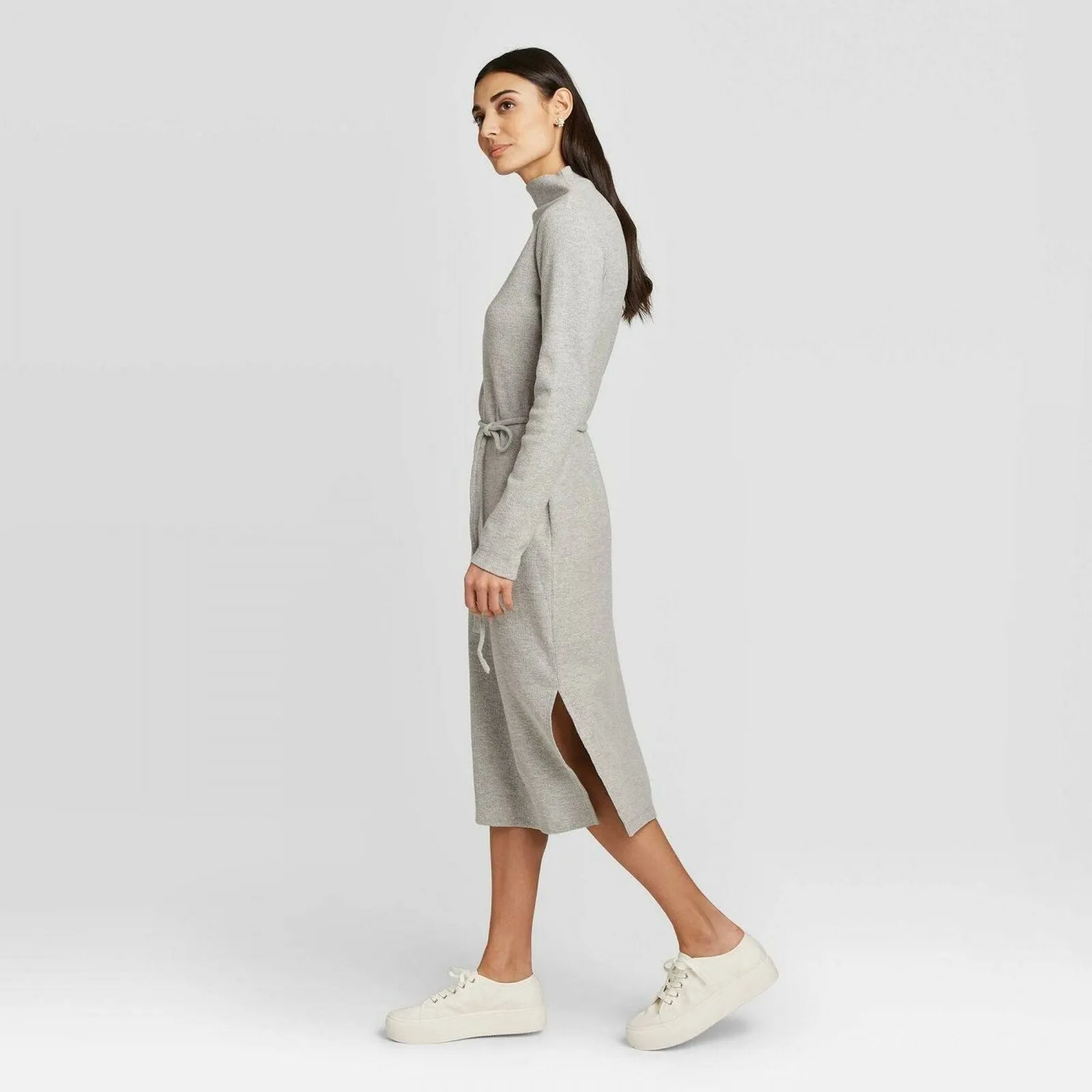 A New Day Women's Long Sleeve Mock Turtleneck Belted Knit Midi Dress