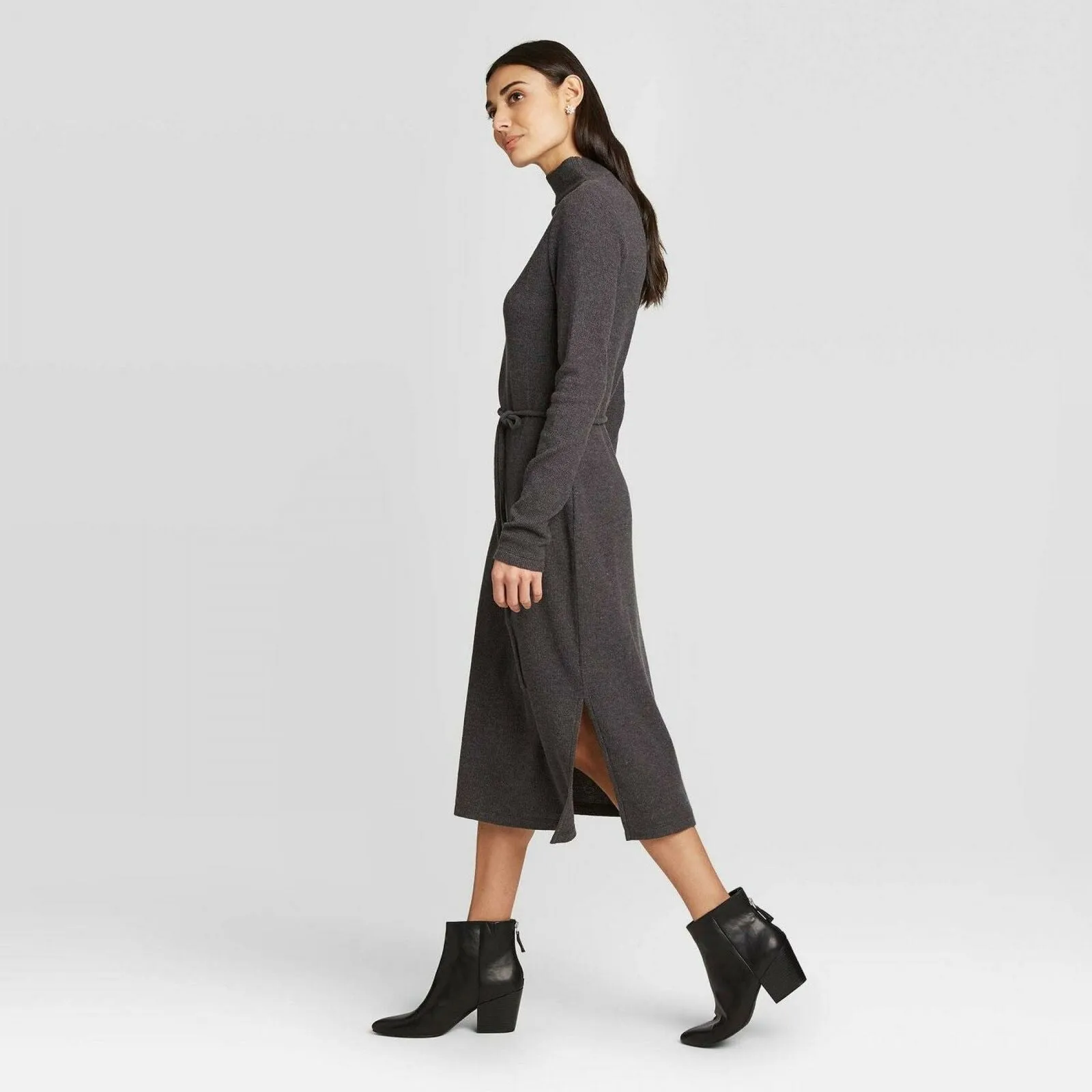 A New Day Women's Long Sleeve Mock Turtleneck Belted Knit Midi Dress