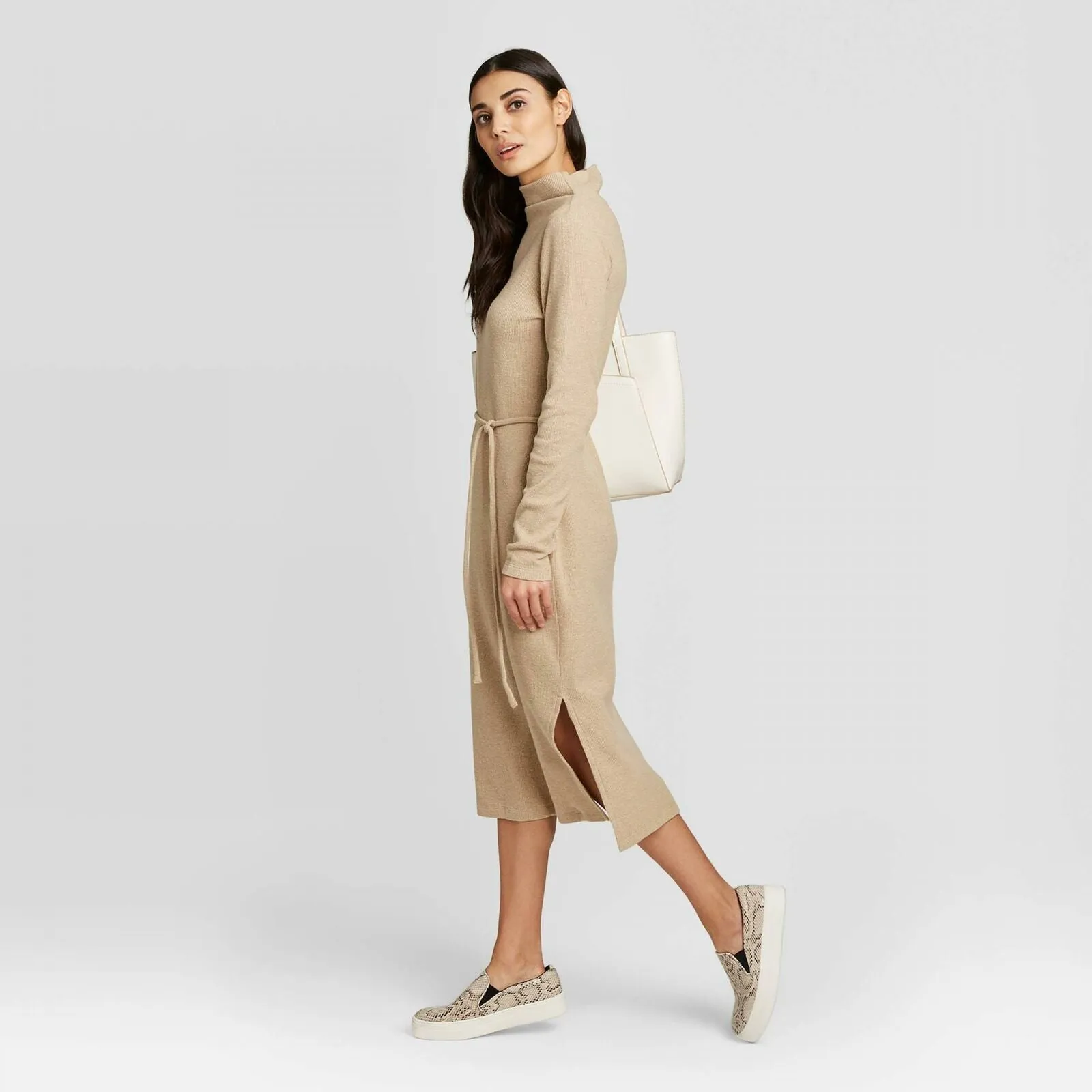 A New Day Women's Long Sleeve Mock Turtleneck Belted Knit Midi Dress