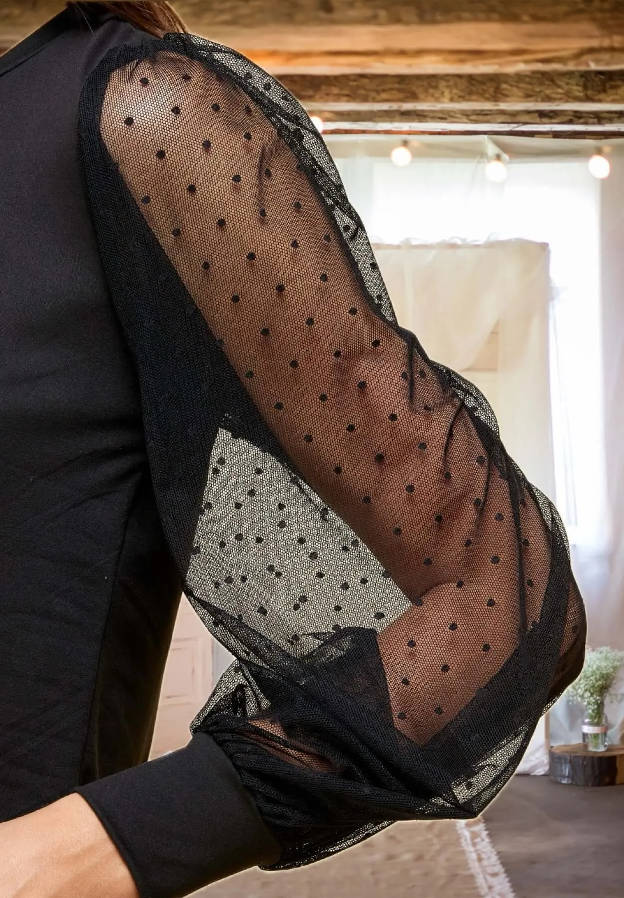 Always With You Polka Dot Lace Sleeve Top in Black