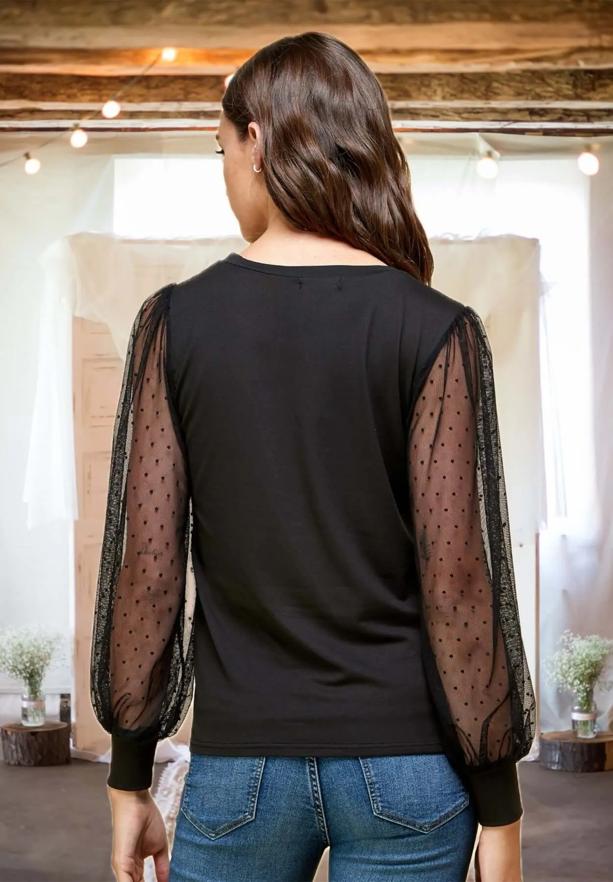 Always With You Polka Dot Lace Sleeve Top in Black