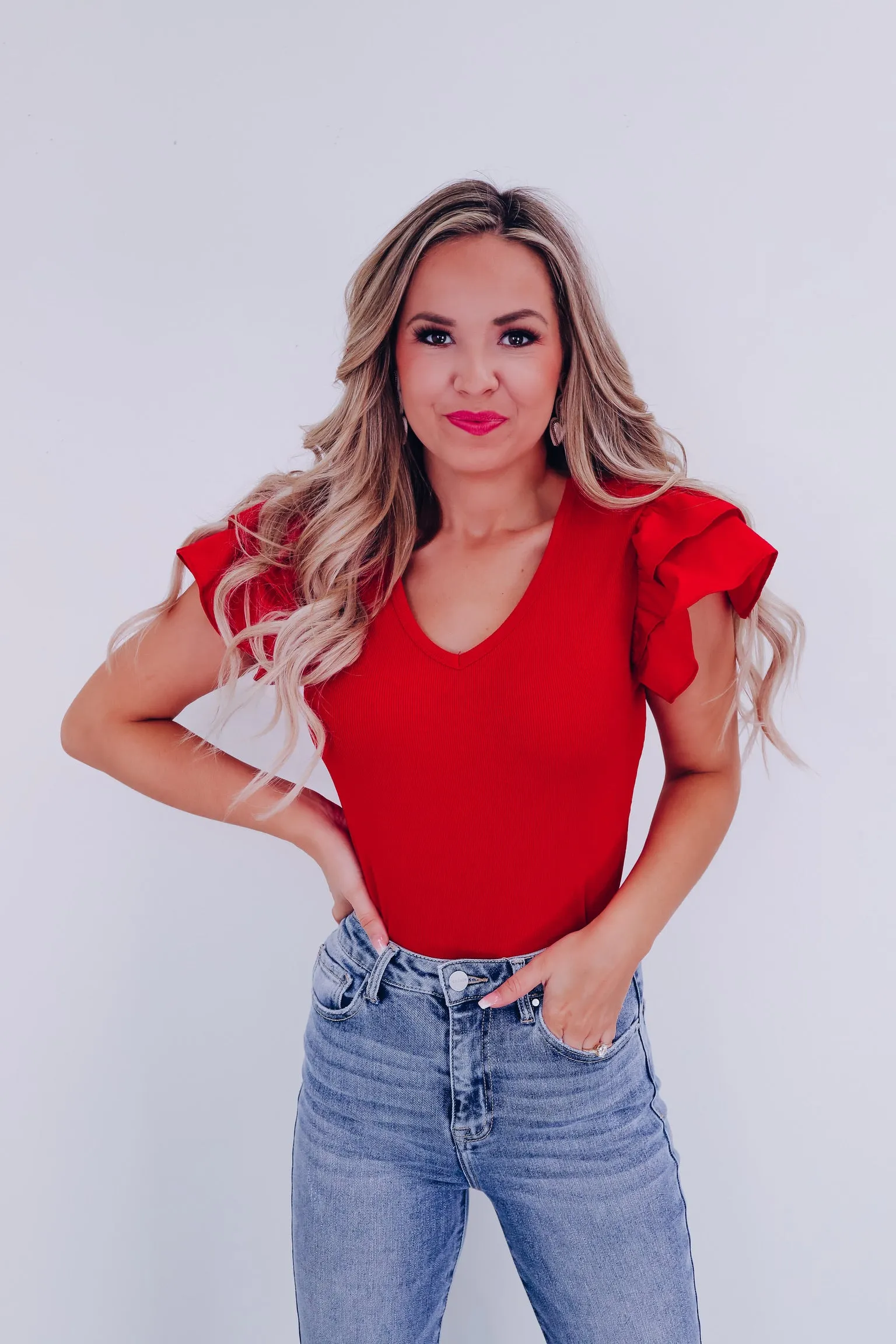 Amore Ruffle Sleeve Bodysuit - Red