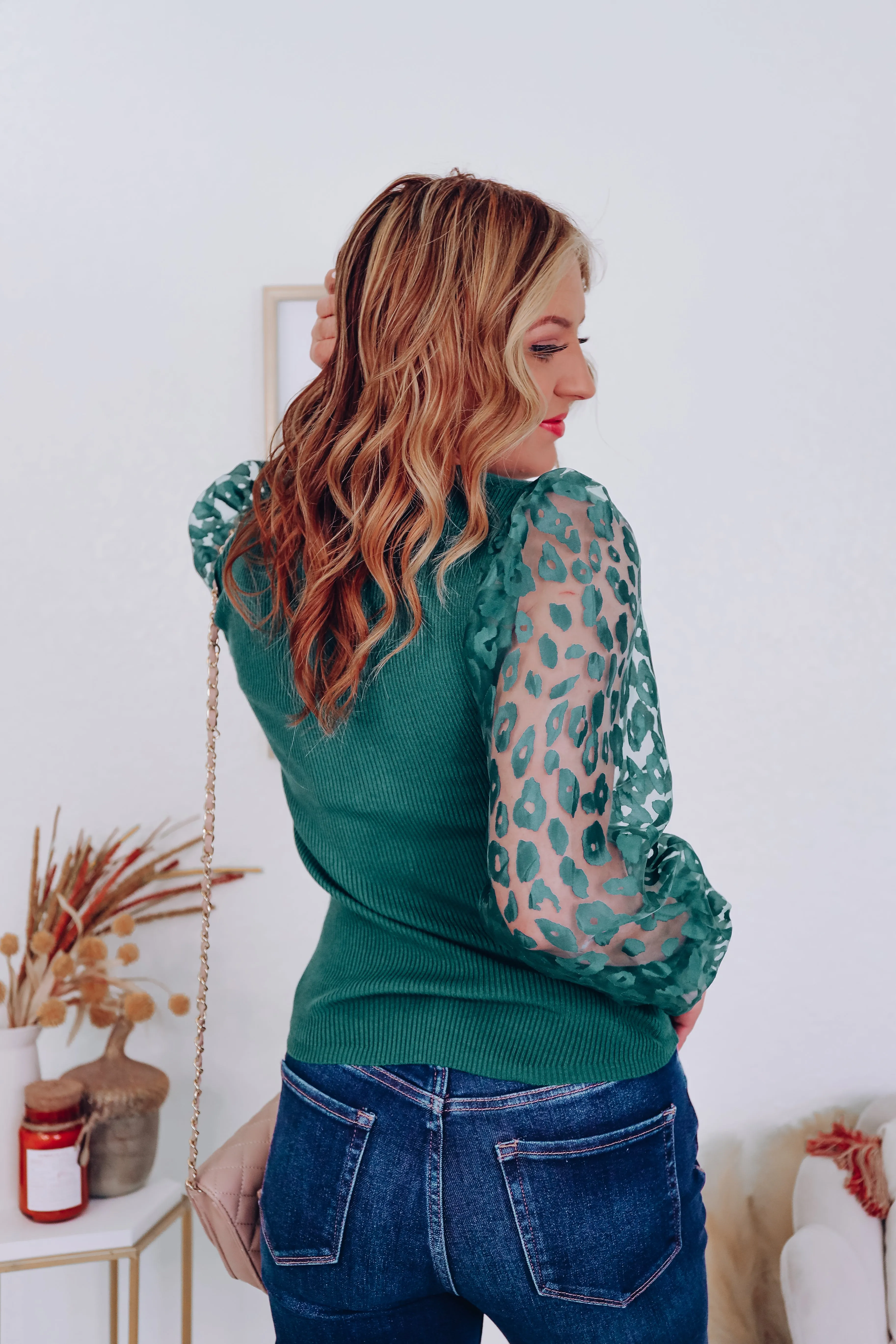 Ana Animal Print Sheer Sleeve Top - Green