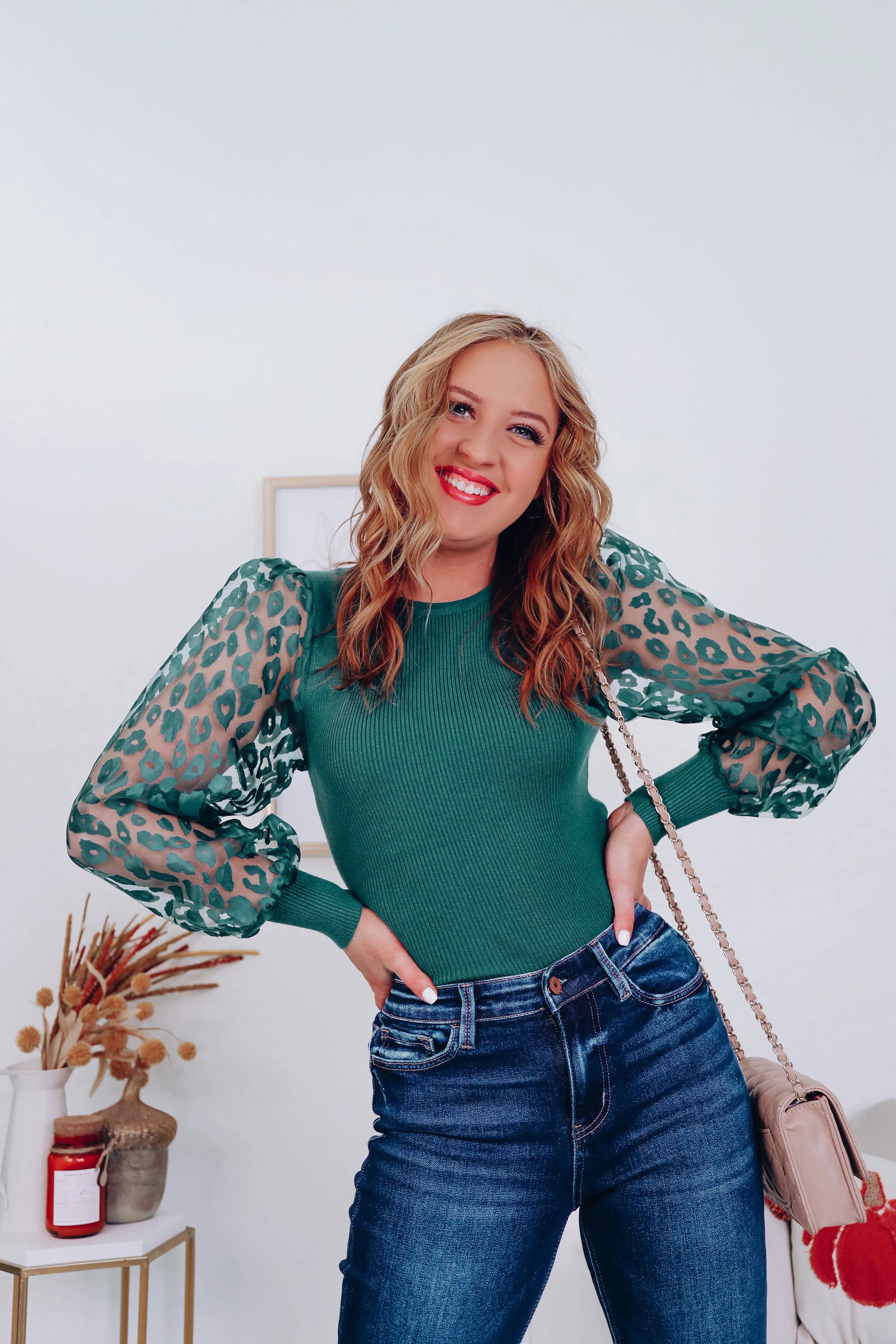 Ana Animal Print Sheer Sleeve Top - Green