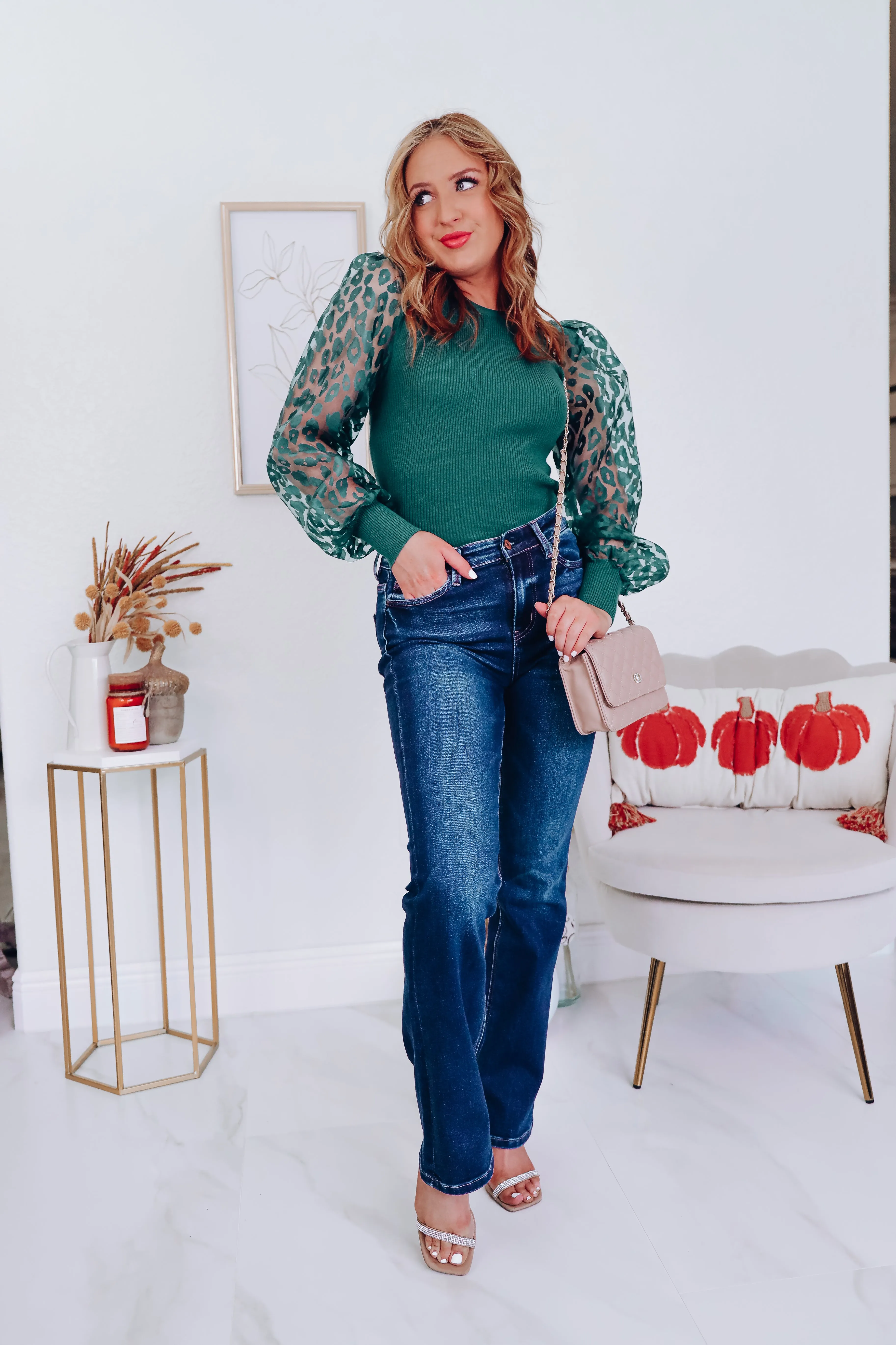 Ana Animal Print Sheer Sleeve Top - Green