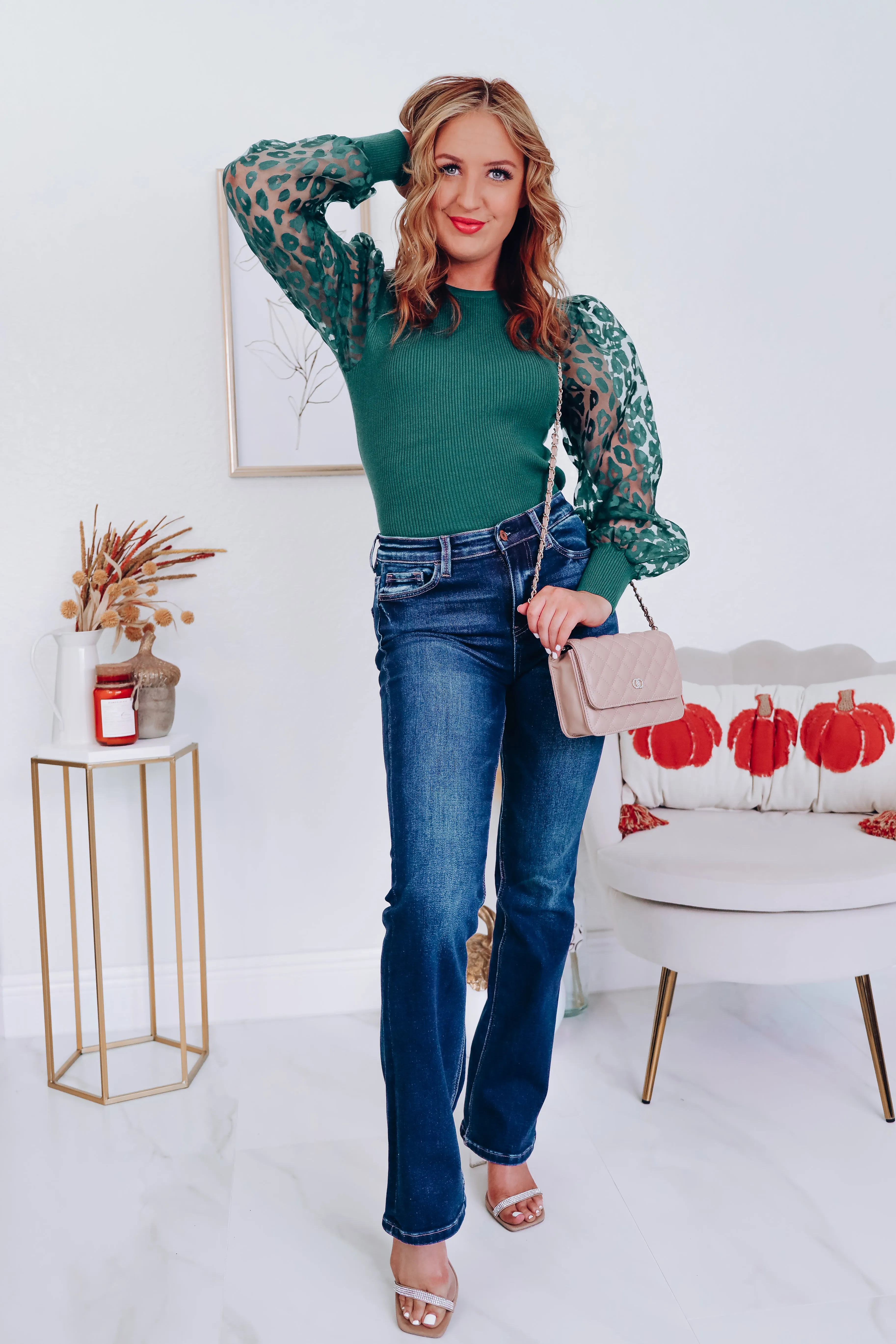 Ana Animal Print Sheer Sleeve Top - Green