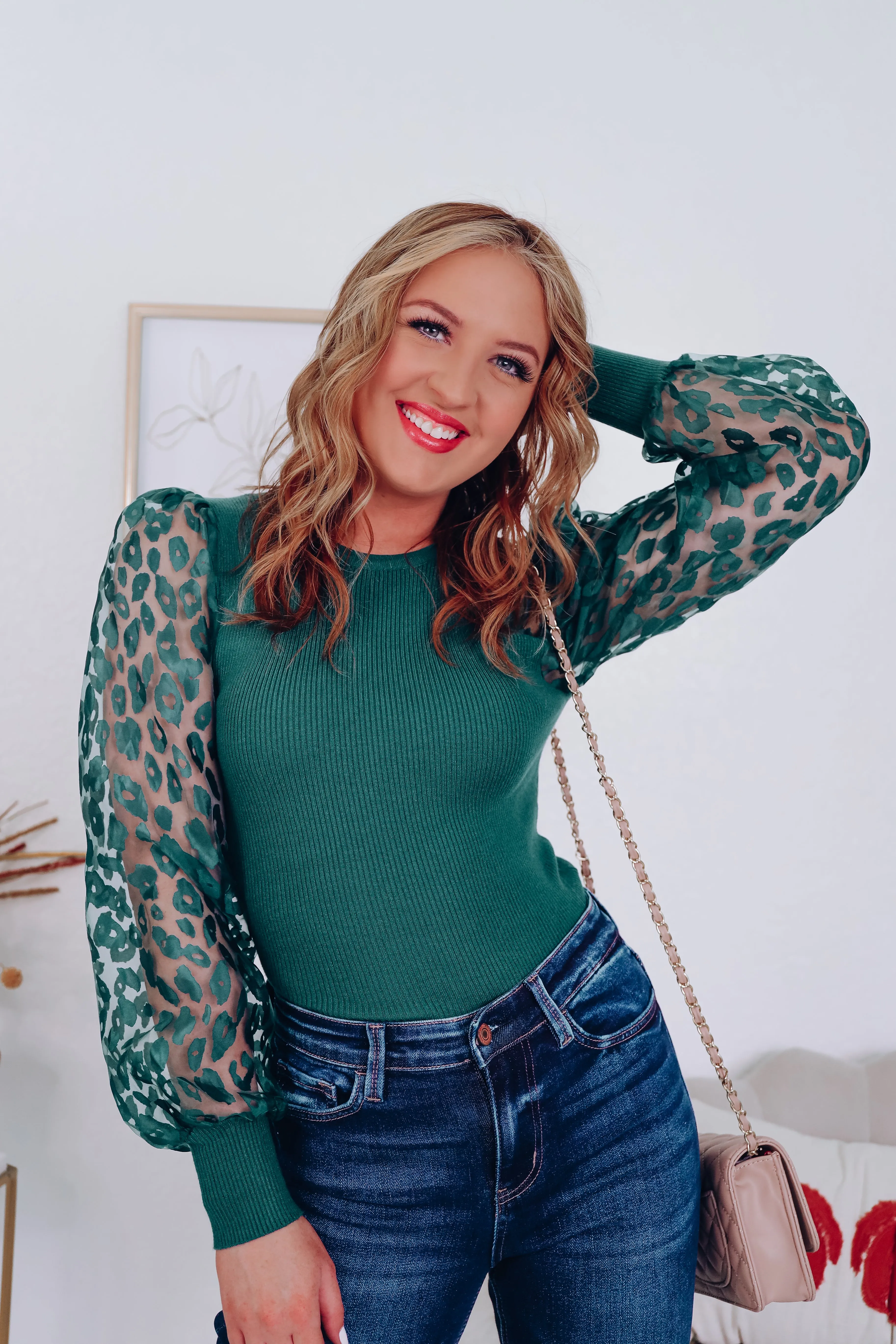 Ana Animal Print Sheer Sleeve Top - Green
