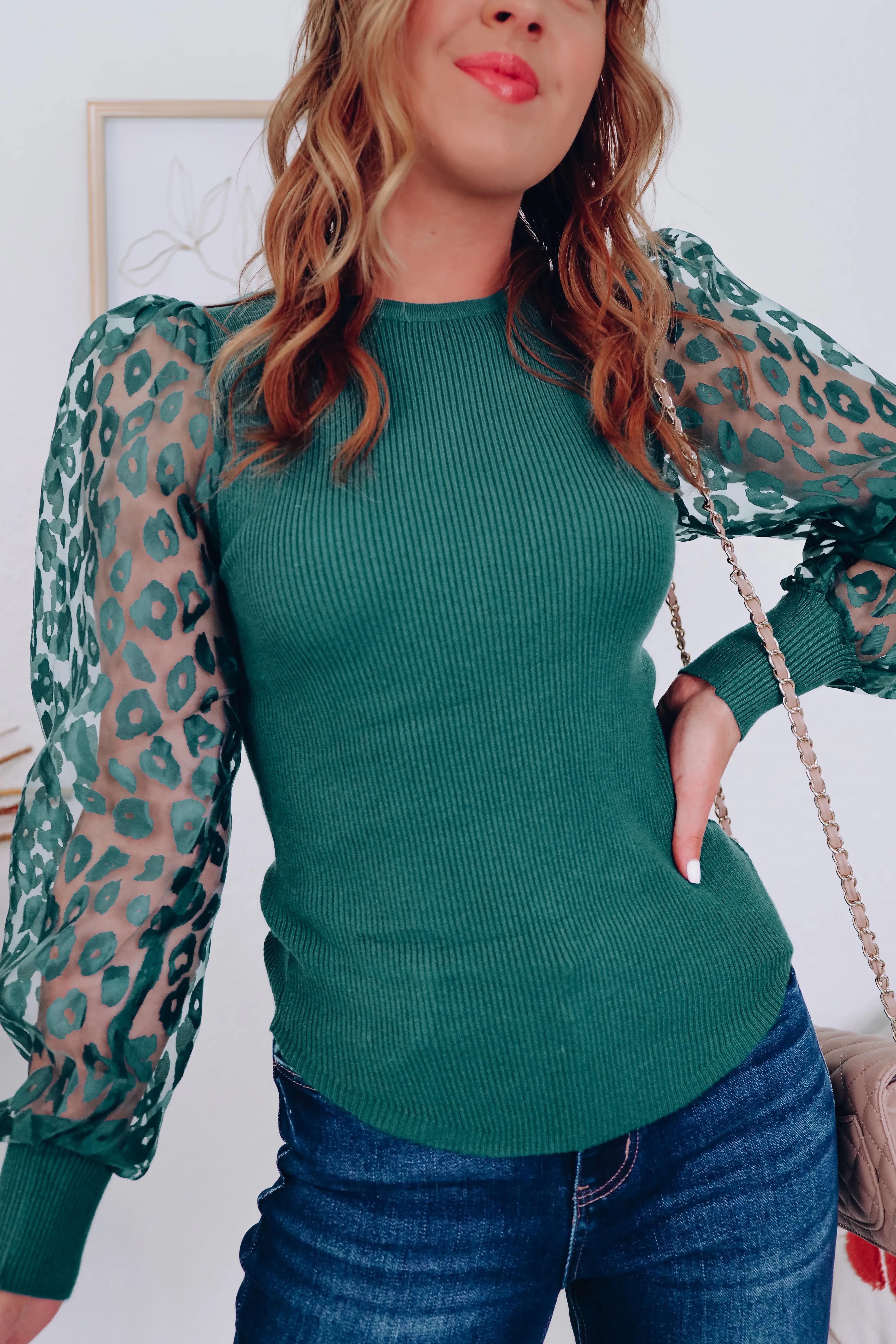 Ana Animal Print Sheer Sleeve Top - Green