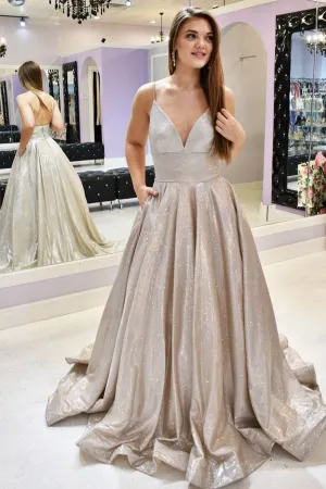 Ball Gown V Neck Sleeveless Long Satin Prom Dress Simple Evening Dresses OHC512