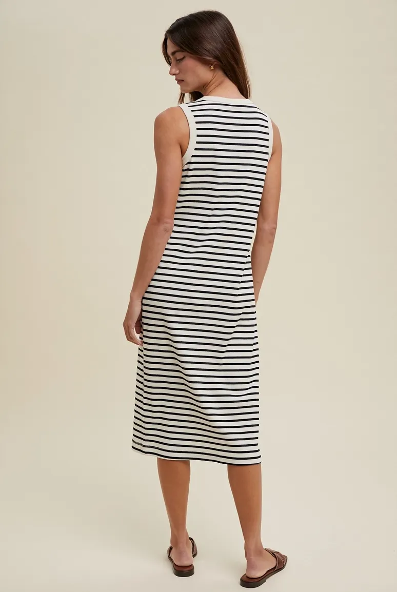 Black and Cream Striped Midi Dress