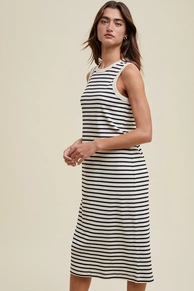 Black and Cream Striped Midi Dress