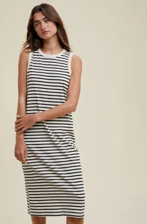 Black and Cream Striped Midi Dress