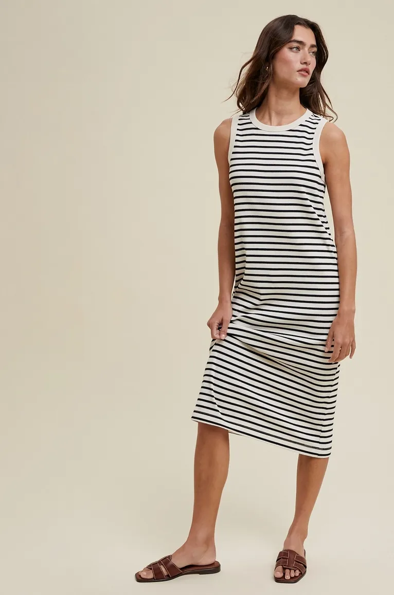 Black and Cream Striped Midi Dress