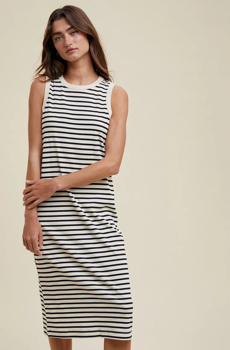 Black and Cream Striped Midi Dress