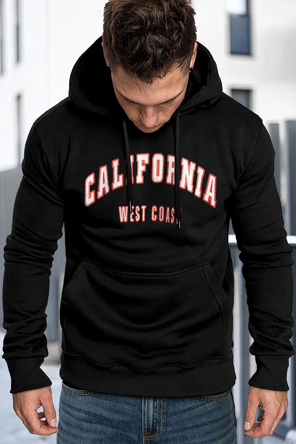 Black Letter Print Men\'s Hoodie with Kangaroo Pocket
