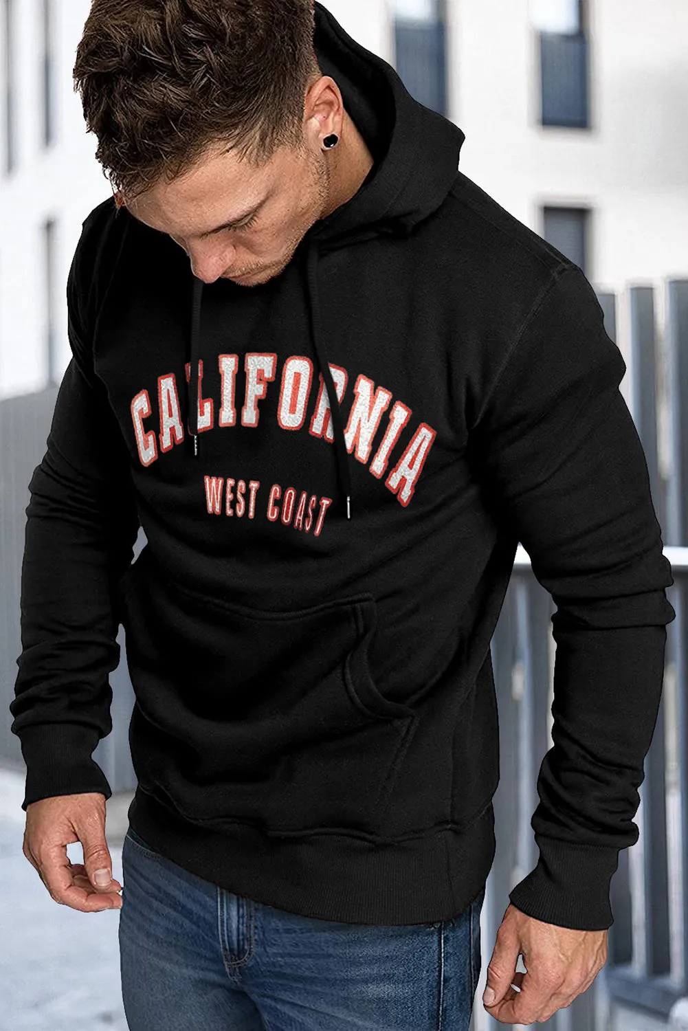 Black Letter Print Men\'s Hoodie with Kangaroo Pocket