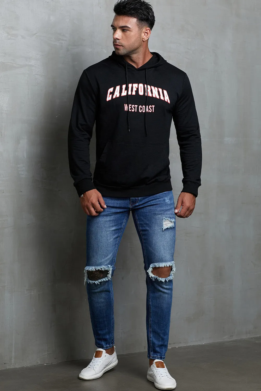 Black Letter Print Men\'s Hoodie with Kangaroo Pocket