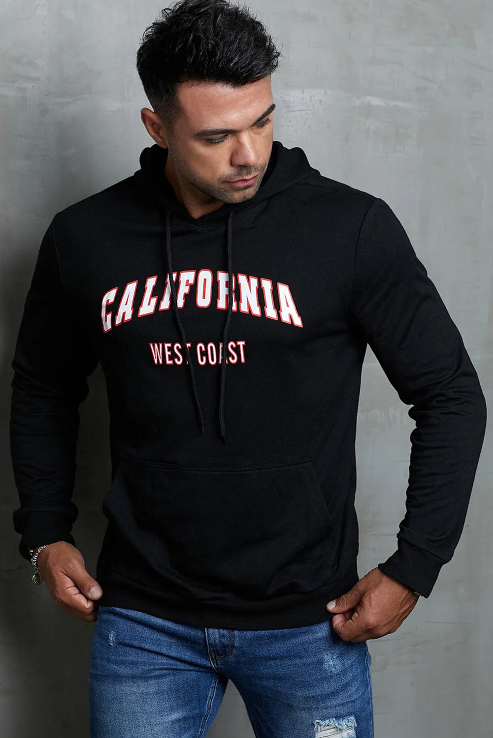Black Letter Print Men\'s Hoodie with Kangaroo Pocket