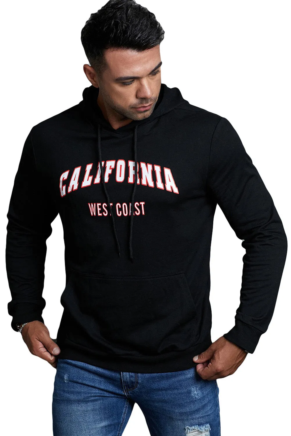 Black Letter Print Men\'s Hoodie with Kangaroo Pocket