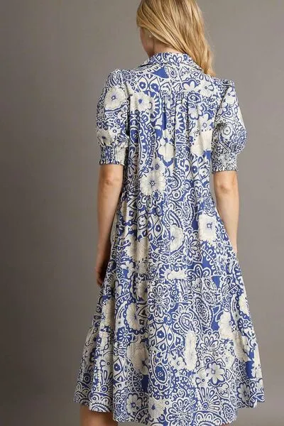 Blue Printed Smocked Cuff Puff Sleeve Midi Dress