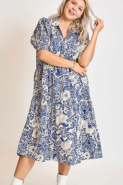 Blue Printed Smocked Cuff Puff Sleeve Midi Dress