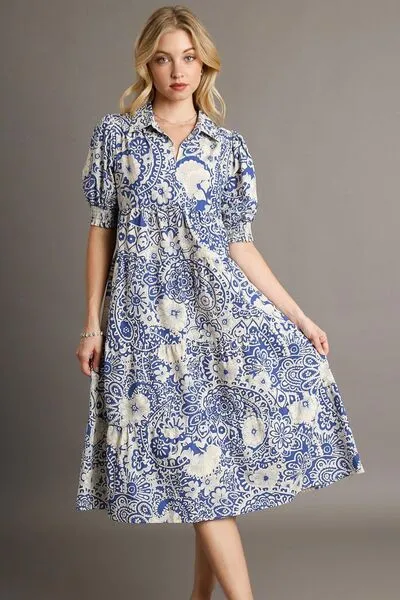 Blue Printed Smocked Cuff Puff Sleeve Midi Dress