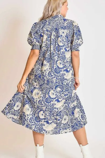 Blue Printed Smocked Cuff Puff Sleeve Midi Dress